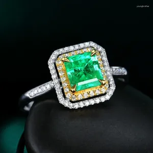 Anneaux de cluster Yangfx Couleur Argent Luxe Princess Square Imitation Emerald Tourmaline Split Trésor Bague ouverte Bijoux féminins