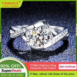 Bagues de cluster Yanhui Real 0.5 / 1ct Moissanite Bague pour femmes Solide PT950 Platinum Luxury Diamond Wedding Band