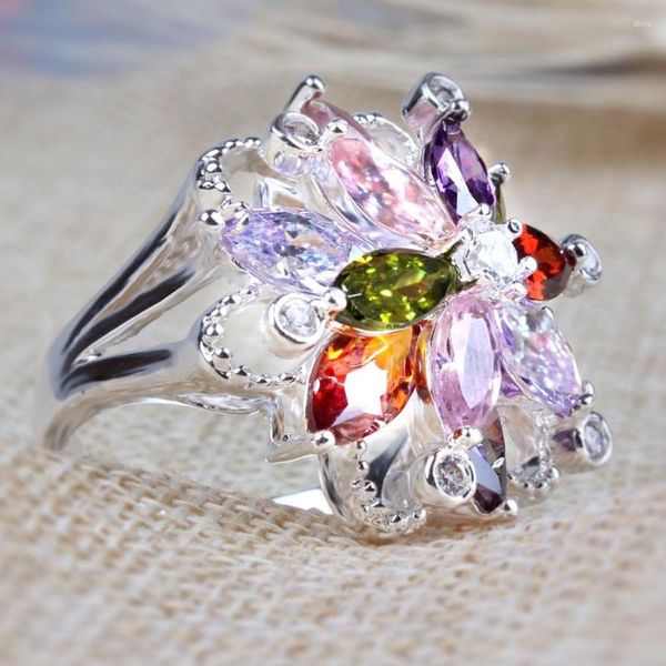 Anillos de racimo YaYI Joyería Moda Princesa Corte Multicolor Enorme Flor Cubic Zirconia Color Plata Compromiso Boda Fiesta LoversRings