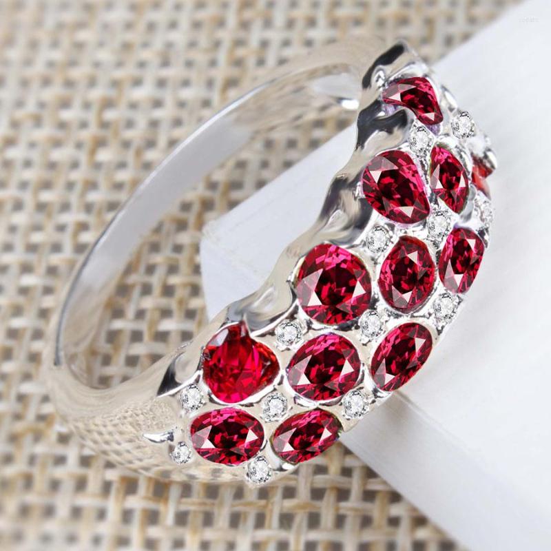 Cluster Rings YaYI Jewelry Fashion Princess Cut Red Corundum Claw Set Cubic Zirconia Silver Color Engagement Wedding Party Lovers