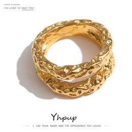 Clusterringen YHPUP roestvrijstalen ronde ringen voor vrouwen gouden textuur metaal 18 k vergulde statement trendy sieradenzakken pour femme cadeau 230403