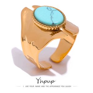 Clusterringen YHPUP WATERPROEI Natuurlijk Turquoise Stone Opening Ring Roestvrij staal Golden Jewelry Trendy Geometric Wrap Ring Party Gift G230228