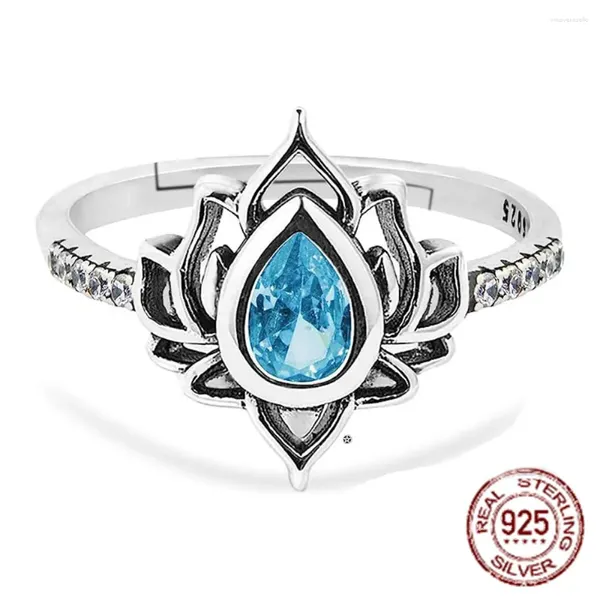 Anneaux de cluster Yiluocd 925 Sterling Silver réglable pour les femmes Lotus Fleur Coloré Zircon Bague Boho Femme Fine Bijoux Cadeau