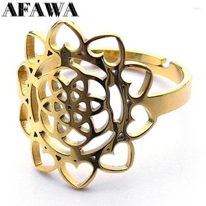 Cluster Rings Yoga Flower of Life Ring For Women Men Roestvrij staal Goudkleur Sacred Geometrie Verstelbare sieraden Gift Groothandel