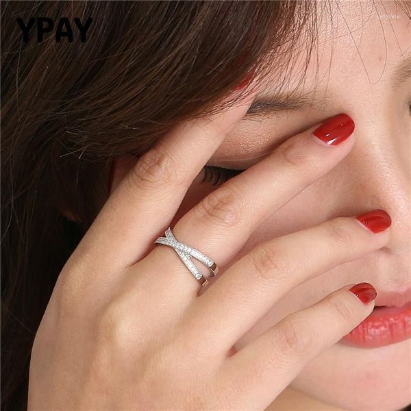 Cluster Rings YPAY Pure Sterling Silver 925 X Cross Design Micro Pavé Avec Zircon Alliance Ouverte Bague Fine Jewelry Gift YMR690