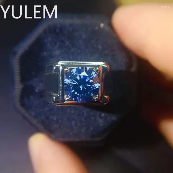 Bagues de cluster Yulem Blue Moissanite Man Bague 3 9mm Ronde Excellente Coupe Véritable Diamant Passé Bijoux De Mariage