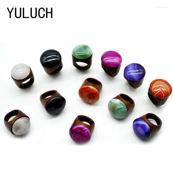 Anillos de racimo Yuluch Top Diseño Madera Mujeres Hombres Joyería Onda de agua Colorido Nartural Creativo Gema Piedra Anillo liso