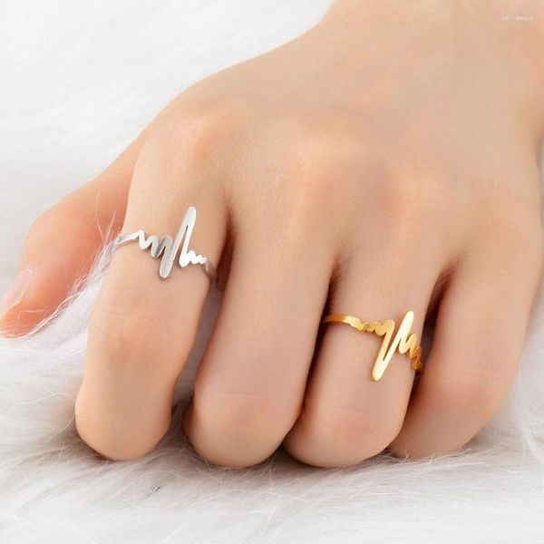 Anillos de racimo Yungqi minimalista latido del corazón cardiograma anillo de dedo joyería de acero inoxidable onda geométrica para mujeres Bagues Pour Femme regalo