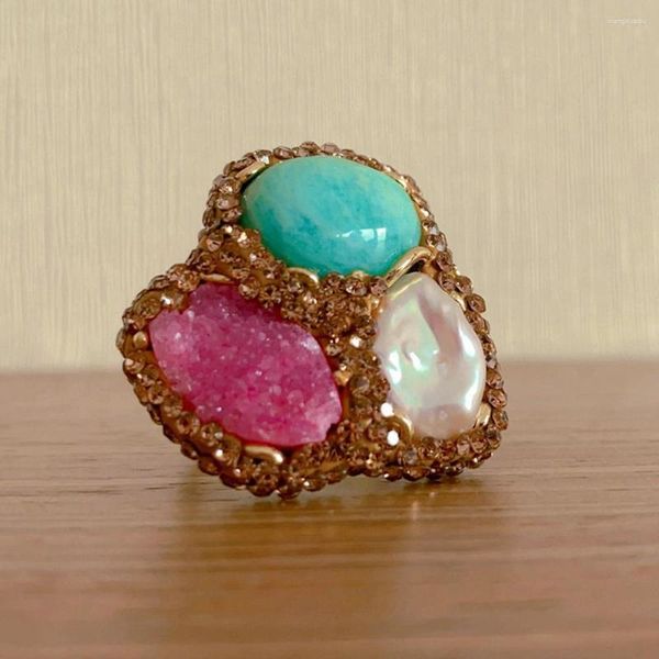 Anillos de racimo YYGEM 30mm perla blanca cultivada verde amazonita cuarzo rosa Druzy anillo ajustable aniversario boda mujer joyería