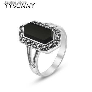 Cluster ringen Yysunny 925 Sterling Silver Black Ring Synthetische agaat Vintage Ethnic Style Women Party Ring L240402