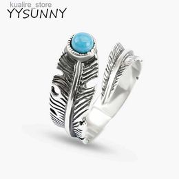 Cluster ringen Yysunny Feather Ring 925 Sterling Silver High Jewelry Mens Classic Turquoise Thai Dames Fashion Hip Hop Style Jewelry L240402