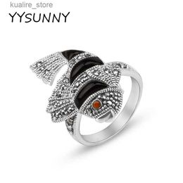 Cluster Anneaux Yysunny Koi Ring 925 Sterling Silver Calcédoine Lucky Ring Thailand Silver Jewelry Party Party For Women L240402
