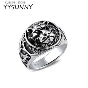 Cluster ringen Yysunny Punk Boy Popular Lion King Head Ring Mens 925 Sterling Silver Round Domineering Animal Party Hand Sieraden L240402