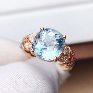 Clusterringen Z625 Aquamarine Ring Fijne sieraden Pure 18 K Goud Natural Blue Gemstones 3.5CT