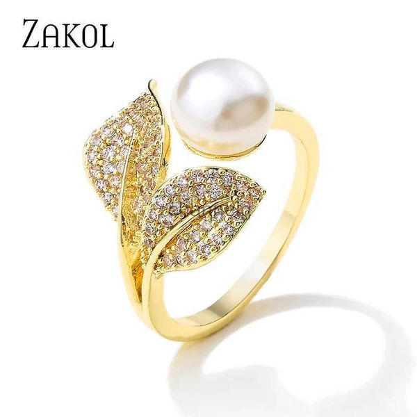 Anillos de racimo ZAKOL nueva moda Cubic Zirconia anillos abiertos perlas de imitación anillo ajustable para mujeres joyería de boda de lujo RP2254 YQ240109