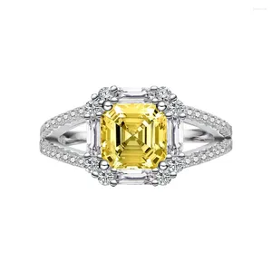 Cluster Ringen Zhenchengda Vierkante Afschuining Ascut 7 Gele Diamanten Ring Voor Vrouwen S925 Puur Zilveren Edelsteen