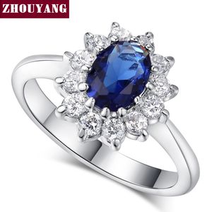 Cluster Ringen ZHOUYANG Prinses Kate Blue Gem Gemaakt Blauw Kristal Zilver Kleur Bruiloft Vinger Kristal Ring Merk Sieraden voor Vrouwen ZYR076 230424