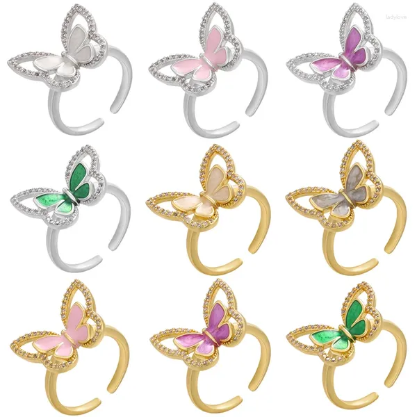 Anillos de racimo ZHUKOU Anillo de mariposa de color dorado para mujeres Esmalte CZ Cristal Abierto Joyería de fiesta de moda al por mayor VJ321