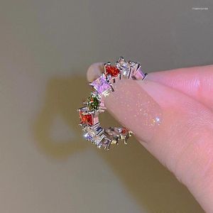 Cluster Ringen Zirkoon Kristal Steen Regenboog Voor Vrouwen Roestvrij Staal Vergulde Bruiloft Paar Ring Kerst Sieraden Gift Bijoux Femme