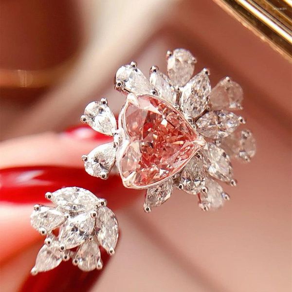 Anillos de clúster Zirconia anillo de corazón de durazno rosa para mujeres 925 sello Diamante de alto carbono Joya completa Fiesta de bodas Regalo al por mayor