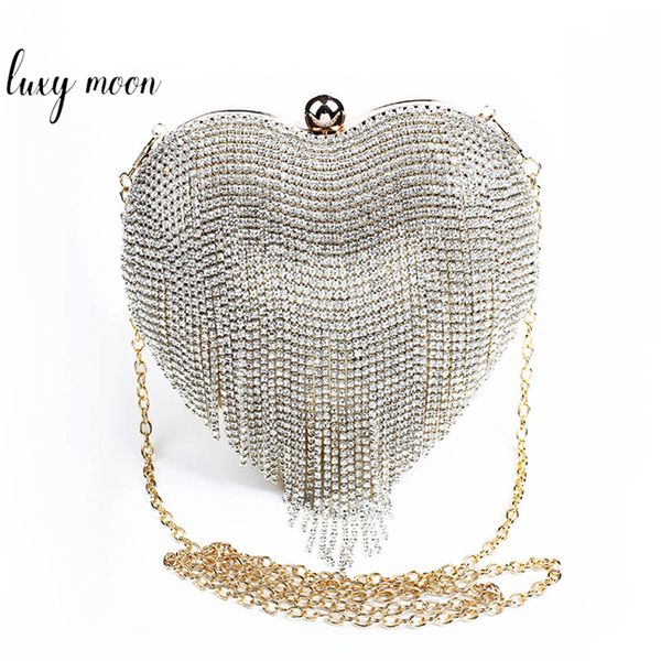 Bolso de mano Boda Plata En forma de corazón Oro Nupcial Monedero Lujo Cristal Rhinestone Borla Noche Crossbody ZD2132