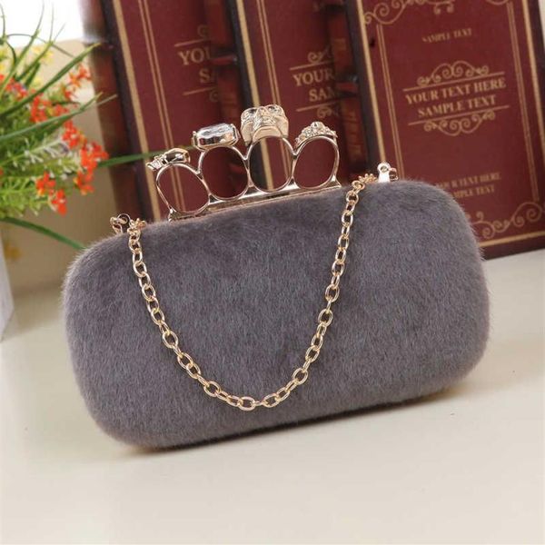 Bolsos de mano con anillo de Calavera, bolso de mano con barra de cadena, bolso peludo, caja de concha dura, bolso de cena para banquete, bolso de mujer 220920317n