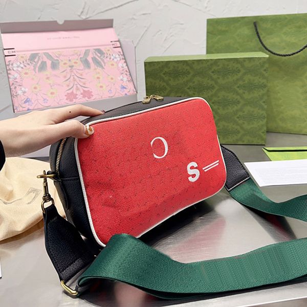 Bolso de mano para cámara Bolsos de hombro Bolsos cruzados de piel de vaca vintage Clásico Rojo Raya verde Correa extraíble Cierre de cremallera Bolsillo para teléfono celular Monedero cuadrado Monedero