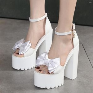 CM White Wedding Shoes High Brida Brida Sandales Bloc Bow Bow Open Toe Femmes E