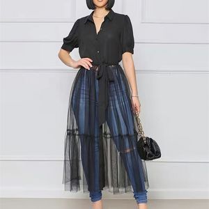 Cm.yaya Elegant Mesh Patchwork High Taille Tunic Shirt Style Maxi Long Jurk voor vrouwen Zomer Single Breasted Street Jurken 220516