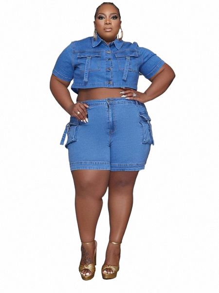 cm.yaya Fi Plus Size Denim Ensemble pour femme Veste à manches courtes et short en jean cargo 2023 Chic Two 2 Piece Set Outfit Survêtement A3tA #