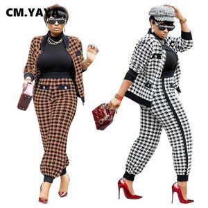 CM.YAYA Houndstooth Patchwork Two 2 Piece Set para mujer Vintage Fitness Outfits Jacket + Pants Streetwear Chándal 211105