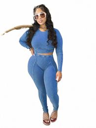 cm.yaya Gebreide geribbelde damesset Lg-mouwen T-shirt en leggingbroek 2023 Fi Fitn Yoga twee 2-delige set outfit trainingspak L7mu#
