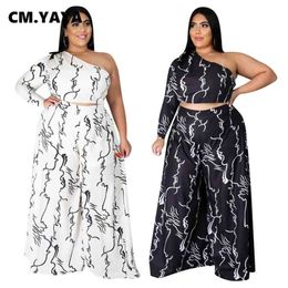 CMYAYA grande taille XL-4XL survêtement femmes ensemble une épaule haut court pantalon droit ensemble survêtement actif deux pièces tenue ensemble 210331