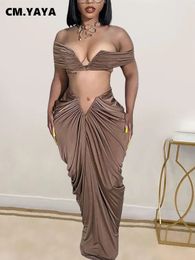 CM.YAYA – ensemble froncé empilé pour femme, haut court à épaules dénudées et jupe longue taille basse, tenue de soirée Sexy, deux 2 pièces, 240220