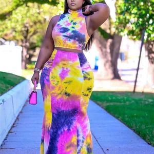 Cm.yaya Streetwear Active Tie Dye Print Vrouwen Twee 2 Stuk Set Outfit Crop Tops en Mermaid Maxi Rok Matching Set Tracksuit 210730