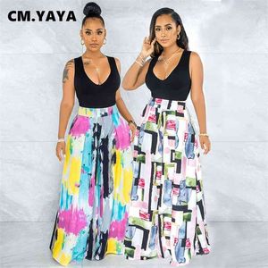 Cm.yaya zomer vrouwen broek mid taille volledige lengte brede been broek losse broek zakken casual straat tie dye print 210721