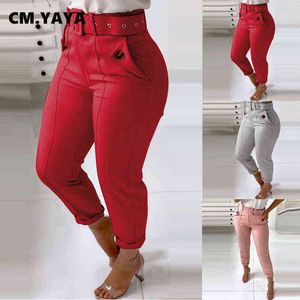 CM.YAYA Hiver Femmes Pantalons élastiques Leggings Taille haute Crayon Bureau Lady OL Pantalon Zipper Street Ceintures Travail Pantalon de survêtement 211124