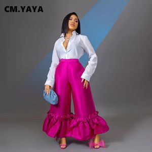 Cm.yaya femmes élégants volants ourlet hauts hauts pantalon de la jambe large pantalon rose rouge noir ins pantalon 240423