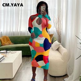 CM.YAYA Femmes Halter Cou À Manches Longues Tricoté Géométrique Moulante Midi Veau-longueur Robe Élégante Sexy Party Club Côtelé Robes 220516