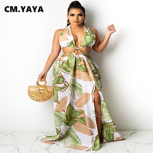CM.YAYA Femmes Robe Longue Imprimer Sans Manches Bandage Halter Évider Fendu A-ligne Maxi Robes De Mode Robes Tenues D'été 220516