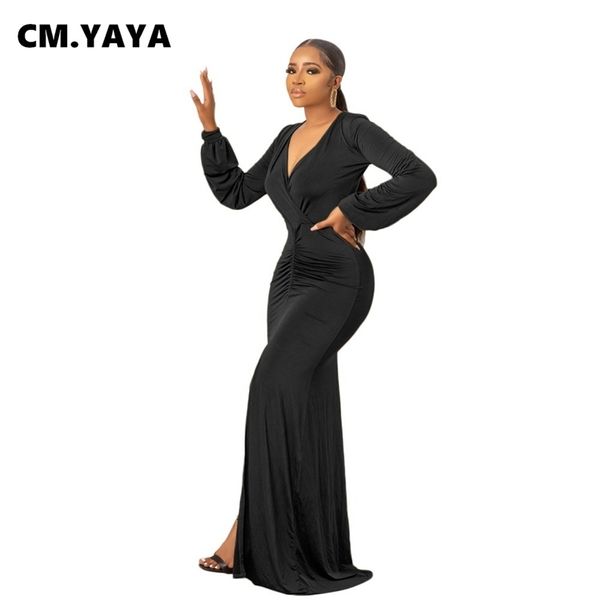 CM.YAYA Femmes Robe Longue Solide À Manches Longues Col En V Strechy Maxi Longueur De Plancher Robes De Mode Vintage Party Robes D'été Tenue 210915