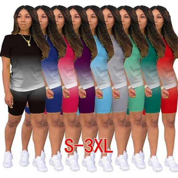 Femmes Matching Set Gradient Print T-shirt Tops Longueur Au Genou Shorts Jogger Pantalon Costume Deux Pièces Sport Survêtement Outfit Track Survêtement 211202