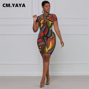 CM.YAYA Femmes Mini Robe Imprimé Maille Transparent À Manches Courtes O-cou Robes Moulantes Extensibles Sexy Mode Robes Tenue D'été 220516