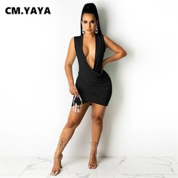 Cm.yaya dames mini jurk massieve mouwloze v-hals strechy bodycon jurken sexy mode high streetwear zomer outfis 220516