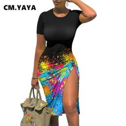CM.YAYA Femmes Mini Robe Tie Dye Stretchy Draw String Robes Fendues Sexy Night Club Party Robes Mode Streetwear Printemps 220516