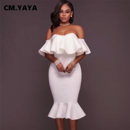 CM.YAYA Femmes Robe De Soirée Solide Hors Épaule Volants Moulante Trompette Robes Élégant Magnifique Soirée Robes Automne Vêtements 220516