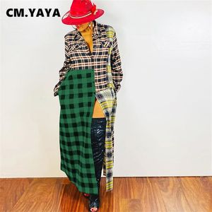 Cm.yaya vrouwen plaid patchwork turn down nek lange mouw blouses stijl maxi jurk 220516