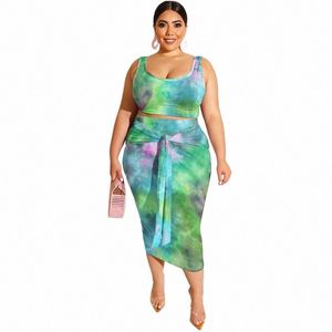 Cm.yaya Vrouwen Plus Size Set Tie Dye Print Tank Tops Bandage Schede Elastci Lg Rokken Twee 2 Delige Sets Trainingspak outfit 2021 E2yY #