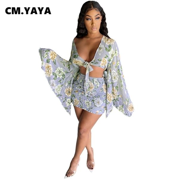 CM.YAYA Femmes Jupe Ensemble Imprimer Full Flare Sleeve Bandage V-cou Crop Tops Gaine Élastique Mini Jupes Deux Pièces Ensembles Outfit Été 210730