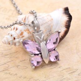 CMJ8497 Elegant Rose Crystal Butterfly KeepSake Cremation Jewellry Urns Pendants Collier Pet Memorial Bijoux KeepSake271T